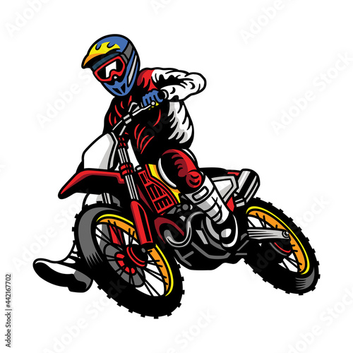 Full Color Vector illustration of motocross rider or racer take a turn and overtake at race in cartoon style 