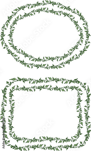 Decorative vector frames from drawn branches with green leaves