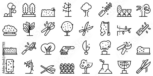 Tree trimming icons set outline vector. Tree woodcutter. Work forest trimming