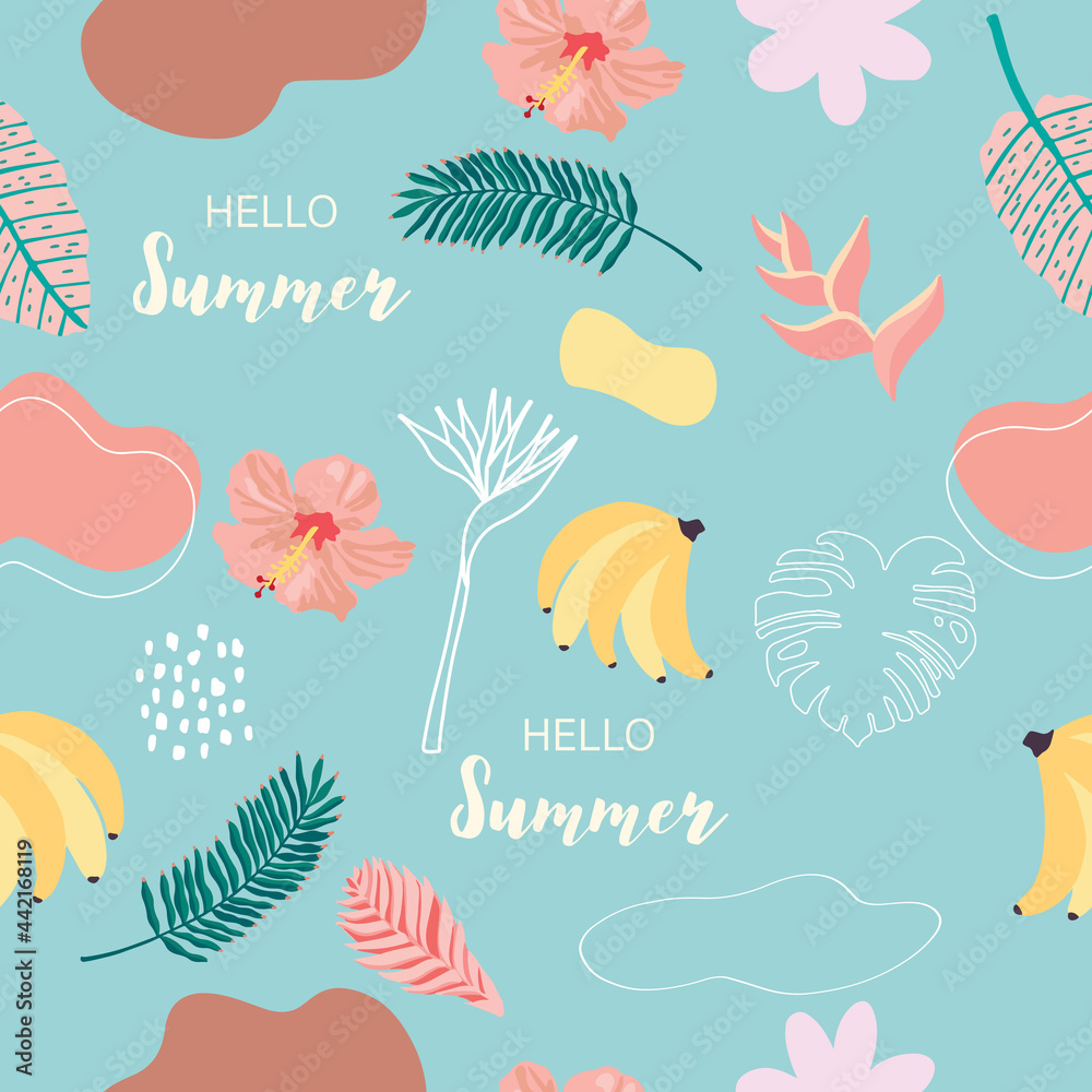 summer seamless pattern with leaf,banana,hibiscus on green background.Hello summer wording