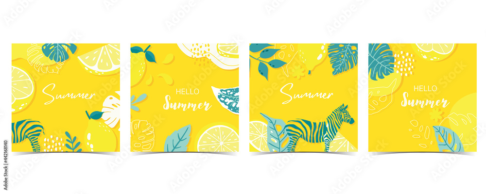 Collection of summer background set with leaves,lemon,zebra on yellow background