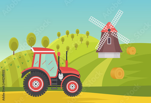 Ranch agricultural summer green fields with modern farm tractor, agronomy vector illustration. Cartoon agriculture tractor machine working in countryside village landscape, windmill on hill background