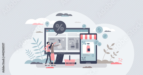 Marketplace with e-commerce store front and products tiny person concept. Digital internet web shop with customers browsing discount offers vector illustration. Retail service for distant shopping.