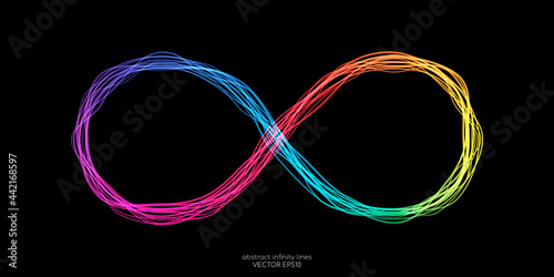 Infinity symbol by wavy lines colorful spectrum light isolated on black background in concept unlimited, technology, digital.