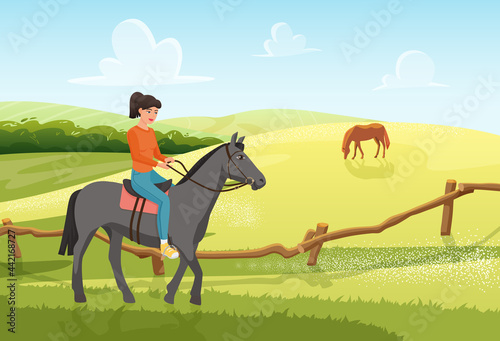 People ride horse in summer rural ranch landscape vector illustration. Cartoon young woman jockey rider character riding horse domestic animal on green farm field, equestrian summertime background