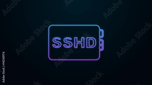 Glowing neon line SSHD card icon isolated on black background. Solid state drive sign. Storage disk symbol. 4K Video motion graphic animation photo