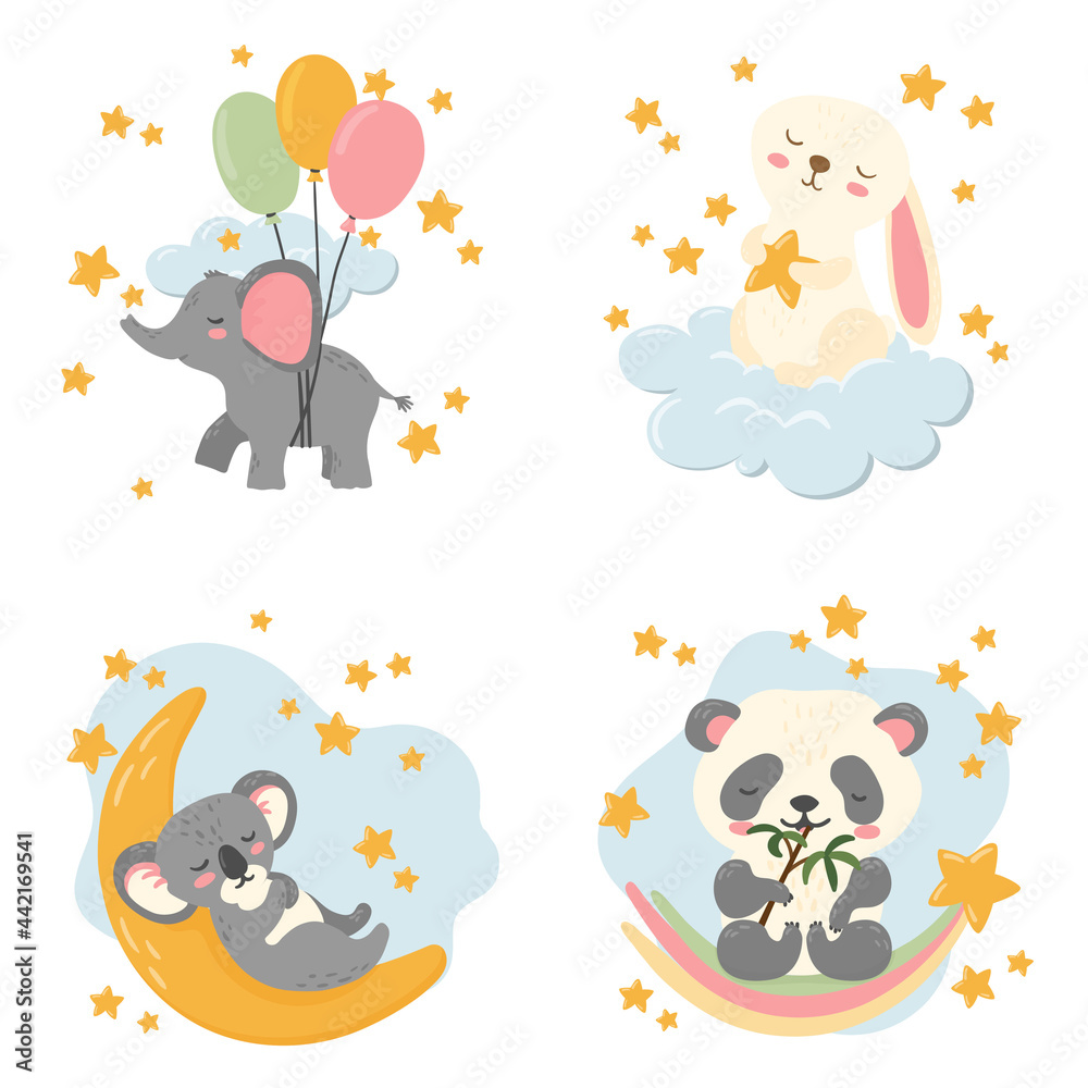 Naklejka premium Panda, elephant, bunny and koala with moon, stars and clouds. Collection of poster for nursery, postcards, print for children clothes, baby shower. Vector illustration.