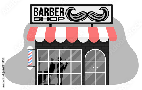 Flat black barber shop. House with panoramic windows and a door, Barber's Pole, illustration