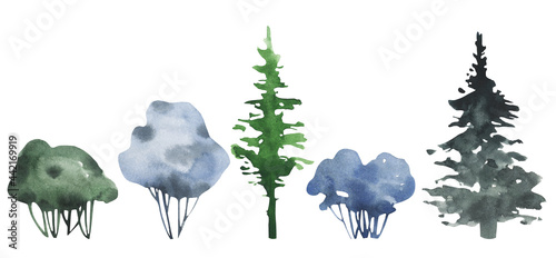 Hand drawn watercolor pine trees and shrubs bush aquarelle set.