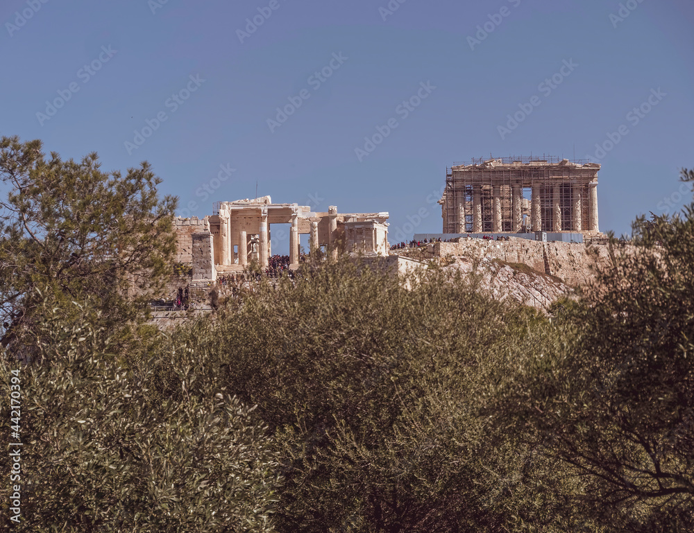 Parthenon on Acropolis of Athens Greece, under clear blue sky, space for your text