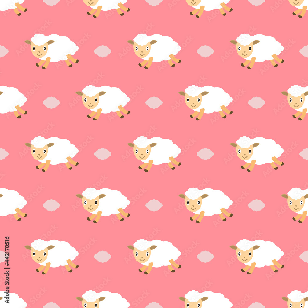 Сute little sheep and clouds flying across the pink sky. Seamless repeating pattern. Vector illustration. Backgrounds for fabric design, cards, kids room wallpaper, packaging and other ideas.