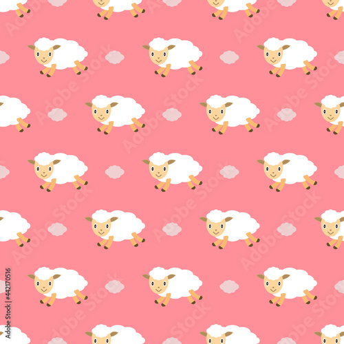 Сute little sheep and clouds flying across the pink sky. Seamless repeating pattern. Vector illustration. Backgrounds for fabric design, cards, kids room wallpaper, packaging and other ideas.