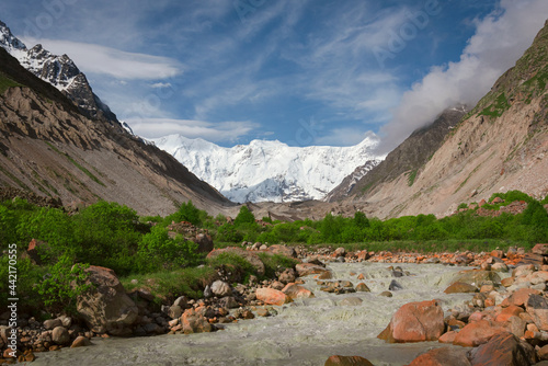 Mountain river Cherek-Bezengi and mountain range Bezengi in the nature reserve of Kabardino-Balkaria.