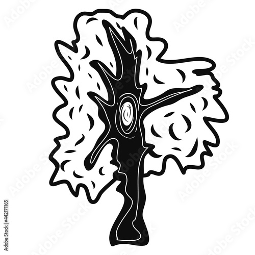 Abstract tree icon. Contour black graphic sketch. Nature. Environmental themes. Idea for decors, logo, covers, holidays, gifts, art. Isolated vector.