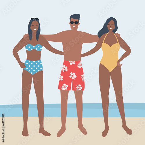 Young people in beach suits stand on the seashore. Young women and young man in swimsuits and swimming trunks are standing together. Friends in beach suits are standing and hugging. Vector