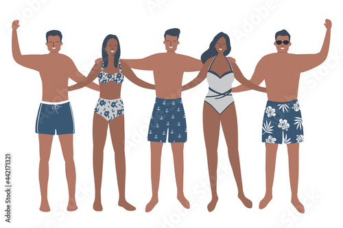 Women and men in swimsuits and swimming trunks are standing together. Happy people friends in beach suits are standing and hugging. Vector illustration