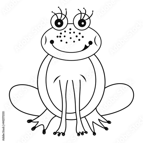 Frog icon. Contour black graphic sketch. Cartoon. Children theme. Idea for decors, logo, covers, holidays, gifts, art, celebrations, birthday. Isolated vector. 