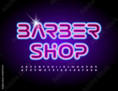 Vector illuminated logo Barber Shop. Glowing trendy Font. Modern Alphabet Letters and Numbers set