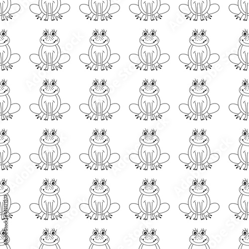 Frog pattern. Contour black graphic. Cartoon. Children theme. Changeable background. Idea for decors, gifts, templates, papers, covers, wallpapers, celebration, birthday. Isolated vector on white. 