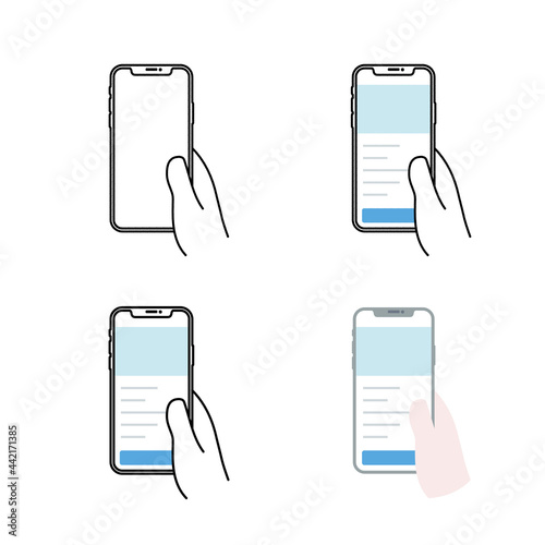 手に持ったスマートフォン 手描きと基本線とフラットな塗りのセット