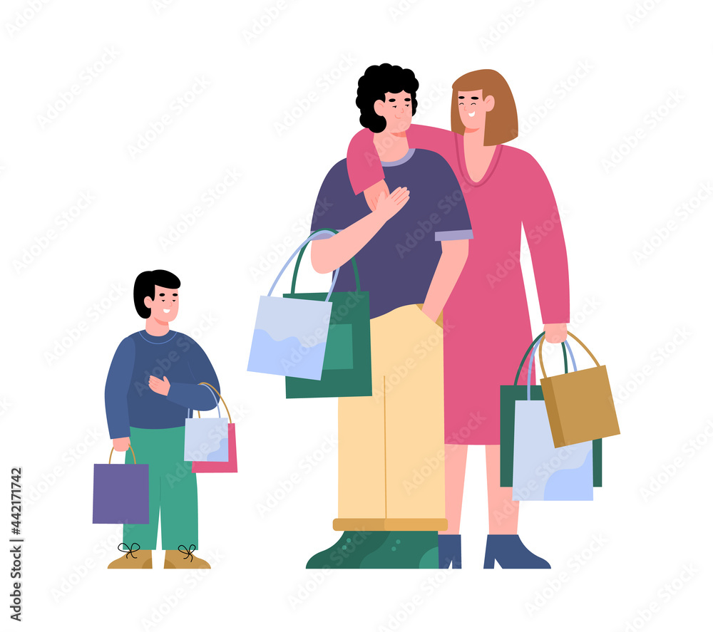 Happy shoppers family with child enjoy sales and discounts at stores and malls