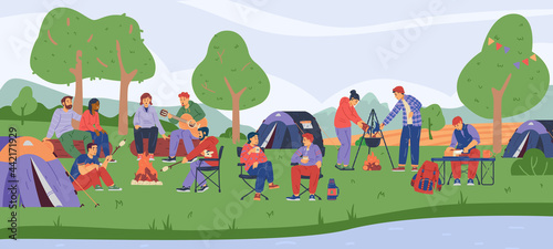 Fototapeta Naklejka Na Ścianę i Meble -  Summer campsite with people traveling as campers, flat vector illustration.