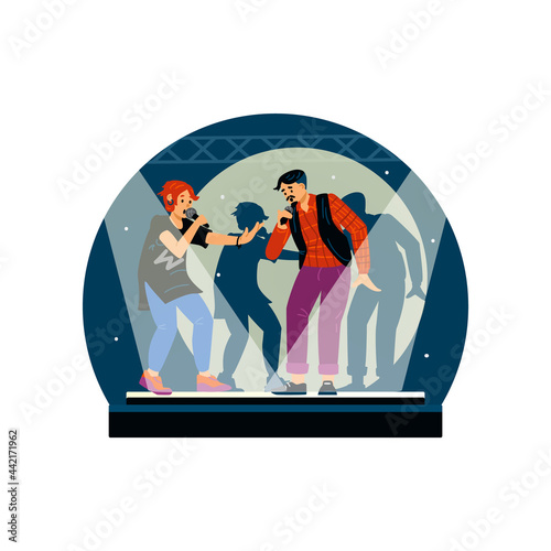 Karaoke singers performance or competition, flat vector illustration isolated.