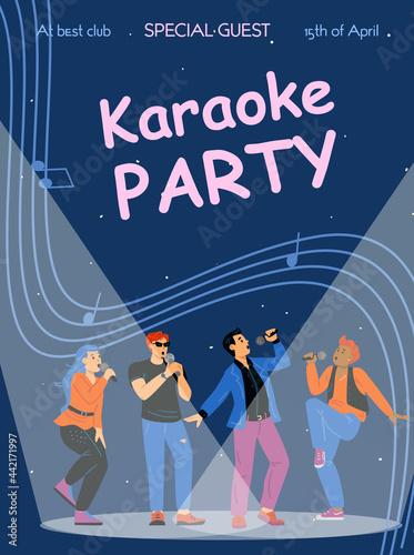 Karaoke party banner with singing people characters, flat vector illustration.