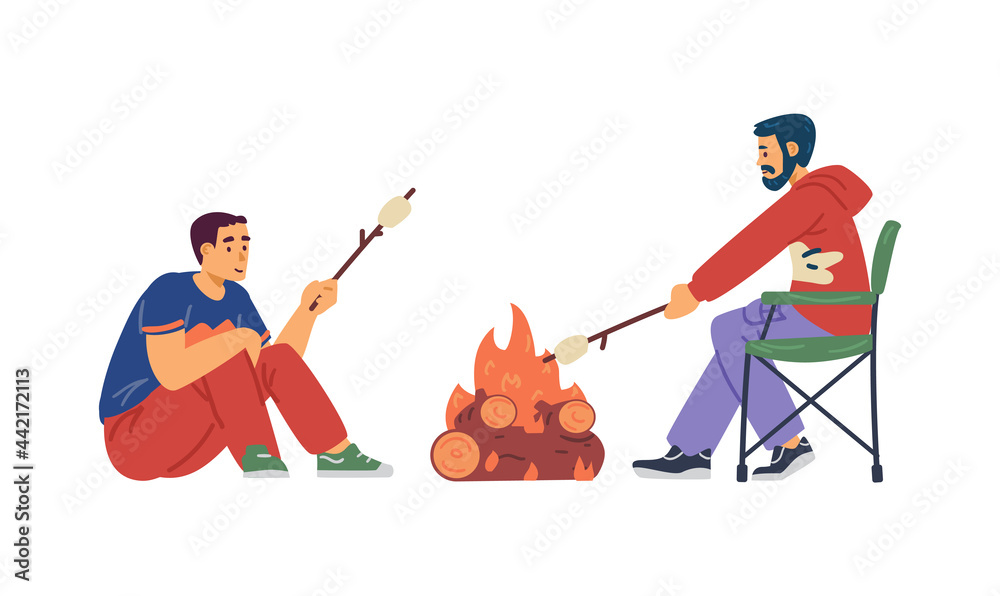People roasting marshmallow at campfire, flat vector illustration isolated.