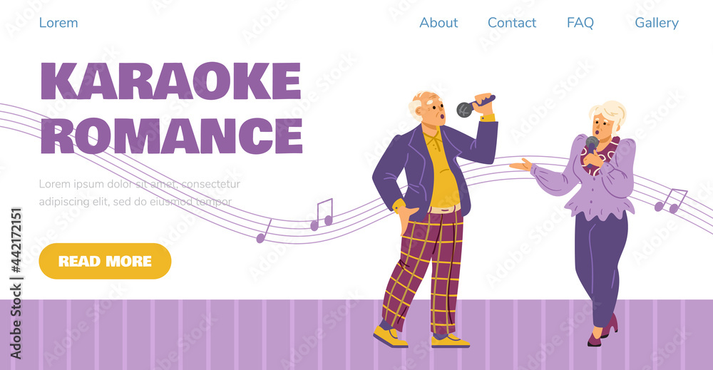 Karaoke party webpage mockup witjh elderly people, flat vector illustration.