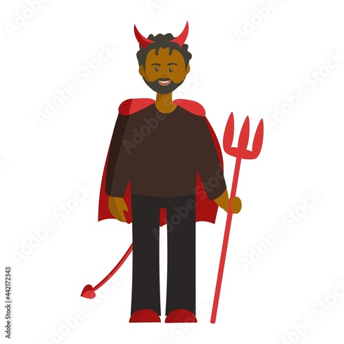 Man in Halloween devil costume with trident Cartoon illustration