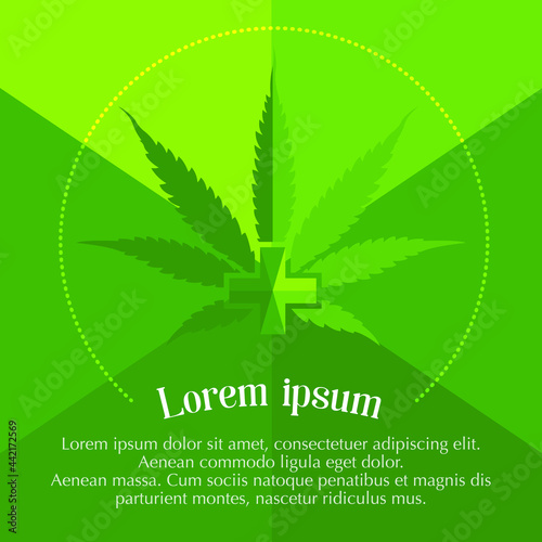 Green cannabis leaf with a cross on a green background and place for text. Copy of the space. Vector, illustration