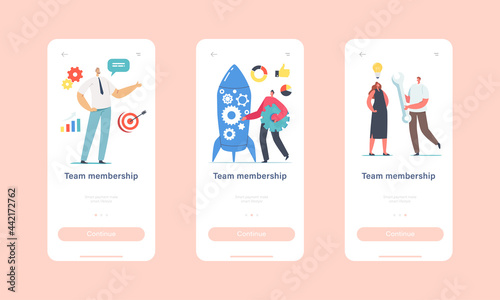 Team Membership Mobile App Page Onboard Screen Template. Team Member Characters Take Part in Rocket Launch