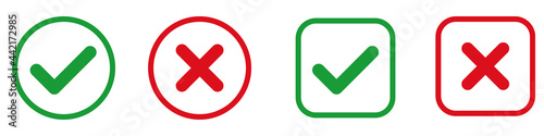 Check mark and x set icon. Simple web buttons. Checkmarks and x or confirm. Round checkmark. photo