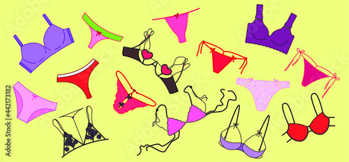 Fashionable lingerie, underwear set. Panties, bikinis and bras. Modern hand drawn colorful lingerie collection.