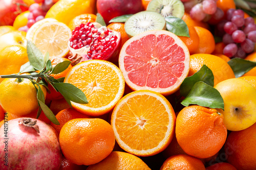 fresh fruits as background, top view