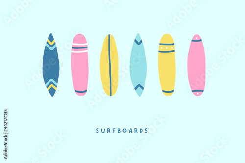 Set of cute hand drawn surfboards icons. Vector illustration in flat cartoon style