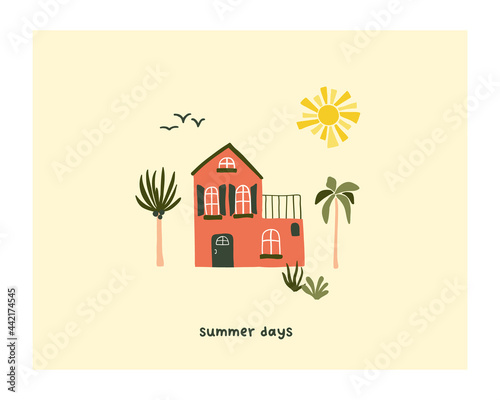 Cute summer house on beach with palm trees and sun. Cozy hygge scandinavian style template for postcard, greeting card, t shirt design. Vector illustration in flat hand drawn cartoon style