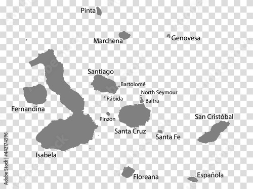 Blank map Galapagos in gray. Every Island map is with titles. High quality map of Galapagos Islands on transparent background for your design. Ecuador. EPS10.