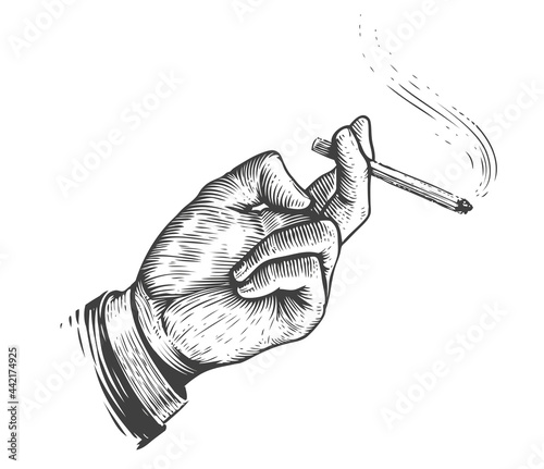 Smoke break. Cigarette in hand in vintage engraving style