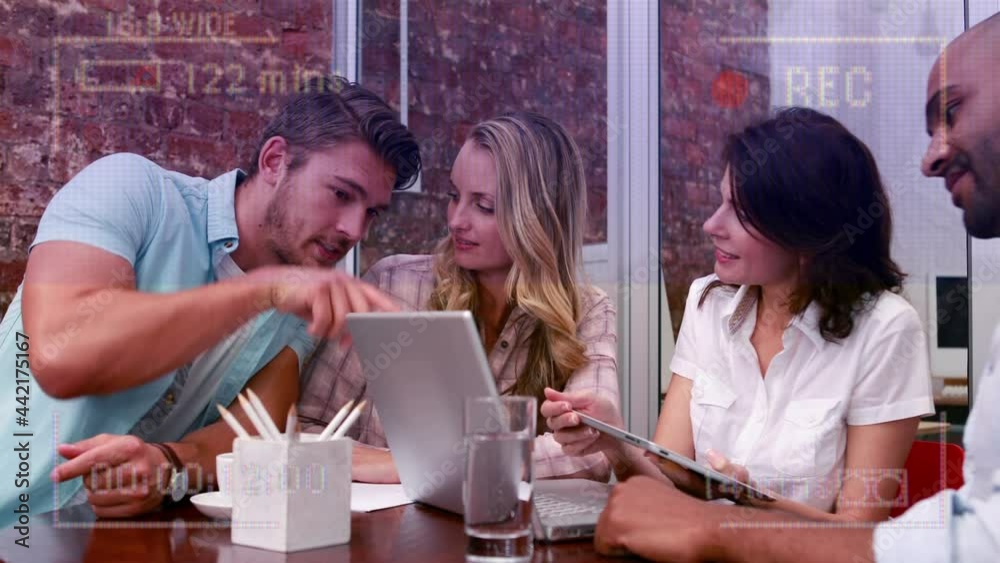 Animation of video recording interface, with happy friends in discussion using laptop and tablet Animation of video recording interface, with happy friends in discussion using laptop and tablet