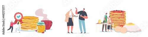 Set Best Dessert Concept. Tiny Characters Cook and Eating Homemade Pancakes and Cookies. People at Huge Pile of Pancakes