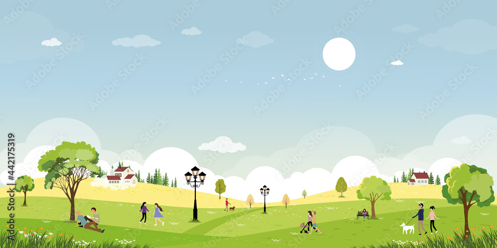 Spring landscape in public park with people relaxing outdoors in the garden.Cute cartoon spring time backdrop with green fields, wild flower and blue sky, Natural background for Summer banner