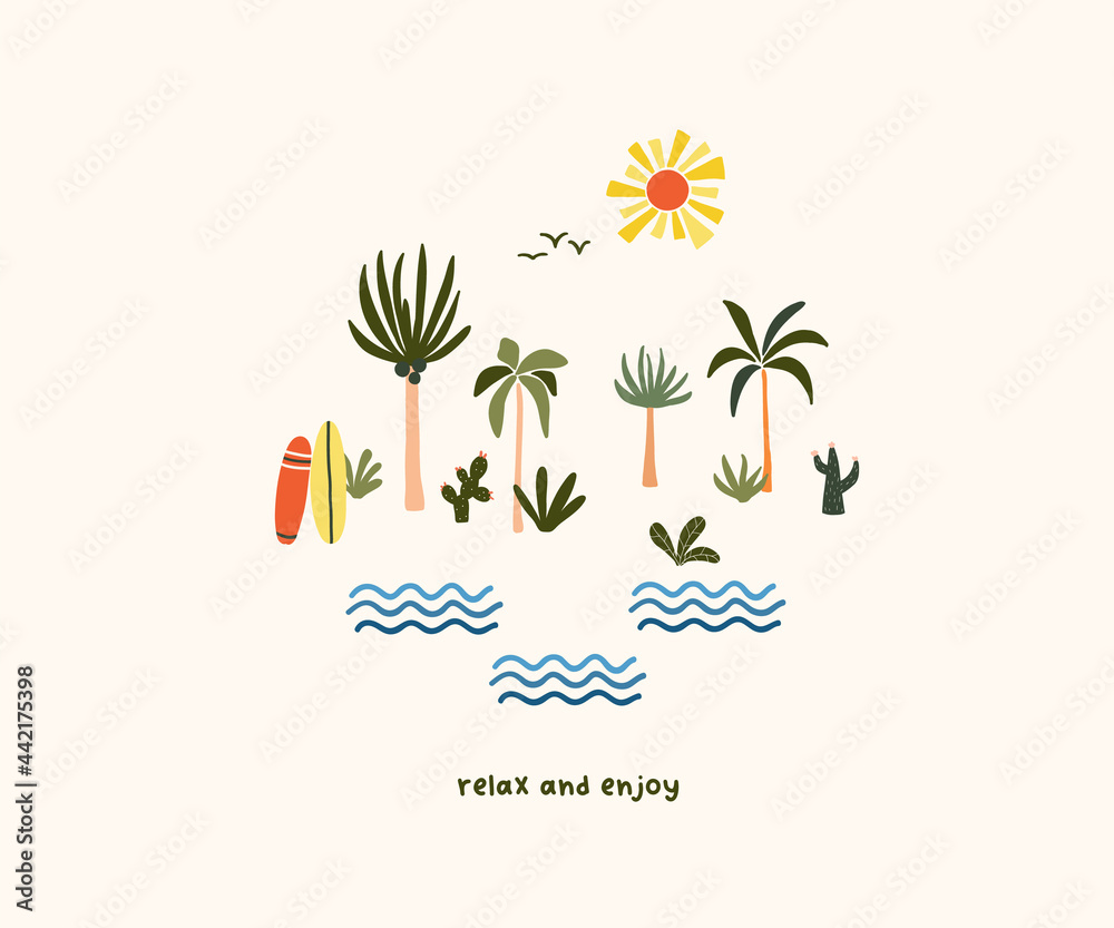 Cute hand drawn tiny summer palm trees and surfboards. Cute hygge scandinavian template for greeting card, t shirt design. Vector illustration in flat cartoon style