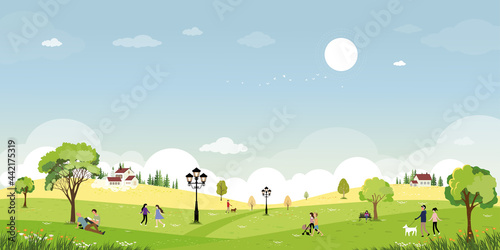 Spring landscape in public park with people relaxing outdoors in the garden.Cute cartoon spring time backdrop with green fields  wild flower and blue sky  Natural background for Summer banner