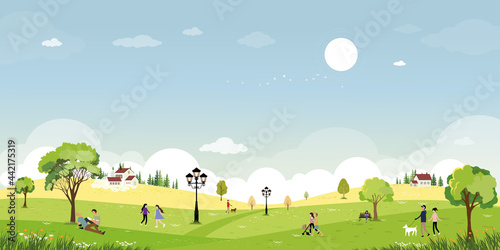 Spring landscape in public park with people relaxing outdoors in the garden.Cute cartoon spring time backdrop with green fields, wild flower and blue sky, Natural background for Summer banner