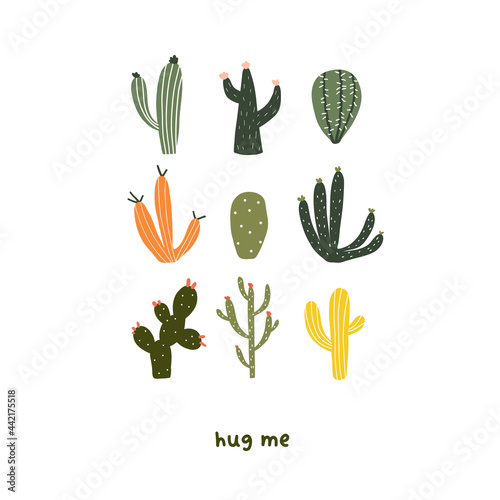 Cute set of tropical decorative cacti with thorns. Vector illustration in flat hand drawn cartoon style