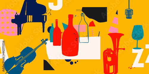 Music promotional poster with musical instruments colorful vector illustration. Violoncello, piano, mic and euphonium with bottles for live concert, events, celebrations and fun, club and party flyer