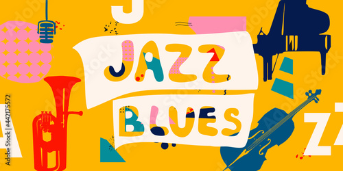 Music promotional banner with musical instruments colorful vector illustration. Violoncello, piano, mic, euphonium poster design for live concert events, jazz music festivals and shows, party flyer