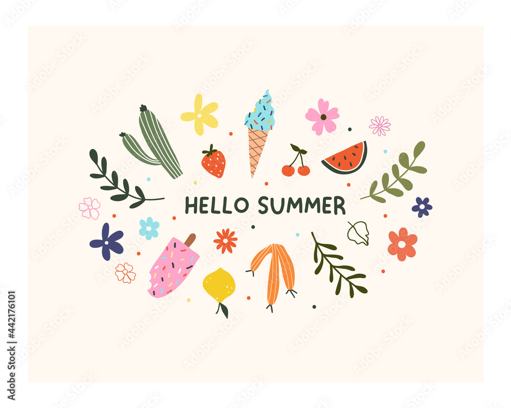 Hand drawn hello summer flower, fruits, ice cream and leaves isolated on white background. Cute hygge scandinavian template for greeting card, t shirt design. Vector illustration in flat cartoon style